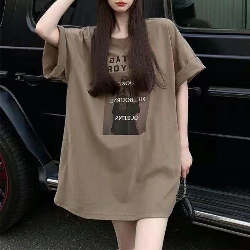 Áo Thun Dài Trung Bình Ngoại Cỡ 100.15kg, ngắn Tay, Thích Hợp Cho Mùa Xuân Và Mùa Hè, Áo Lớp Nền Dễ Phối Đồ Phong Cách Instagram, Áo Tay Lửng Dáng Rộng, 00, Hợp Xu hướng 0