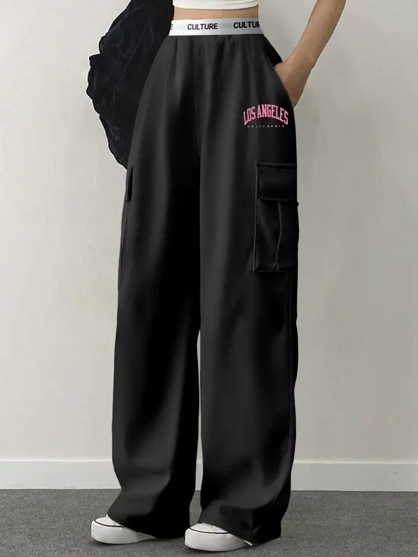 Women's Letter Print Pocket Sweatpants, Casual Jogger Pants for Daily Wear, Ladies Bottoms for Spring & Fall 1