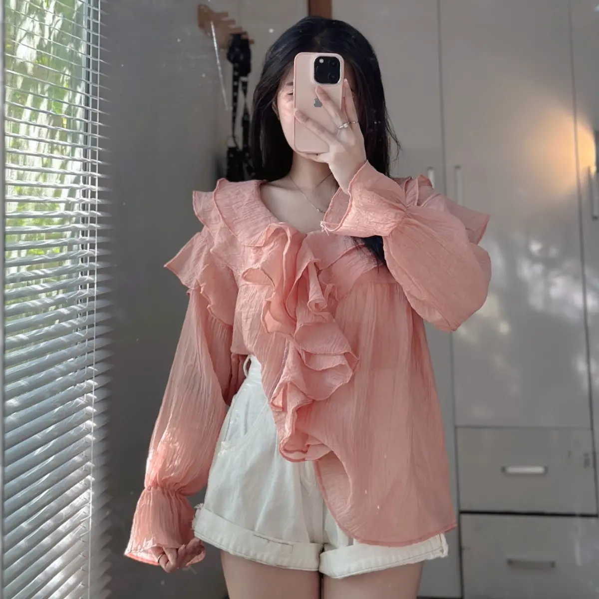 ,Áo babydoll tay dài , áo kiểu nữ cổ áo sơ mi bèo chất đũi mỏng PLA138
