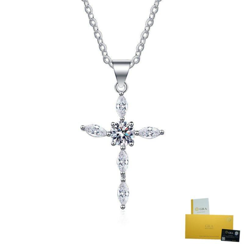 Product Introduction of [with Gra Certificate]S925 Silver Moissanite Necklace White Cross Pendant Clavicle Chain 16