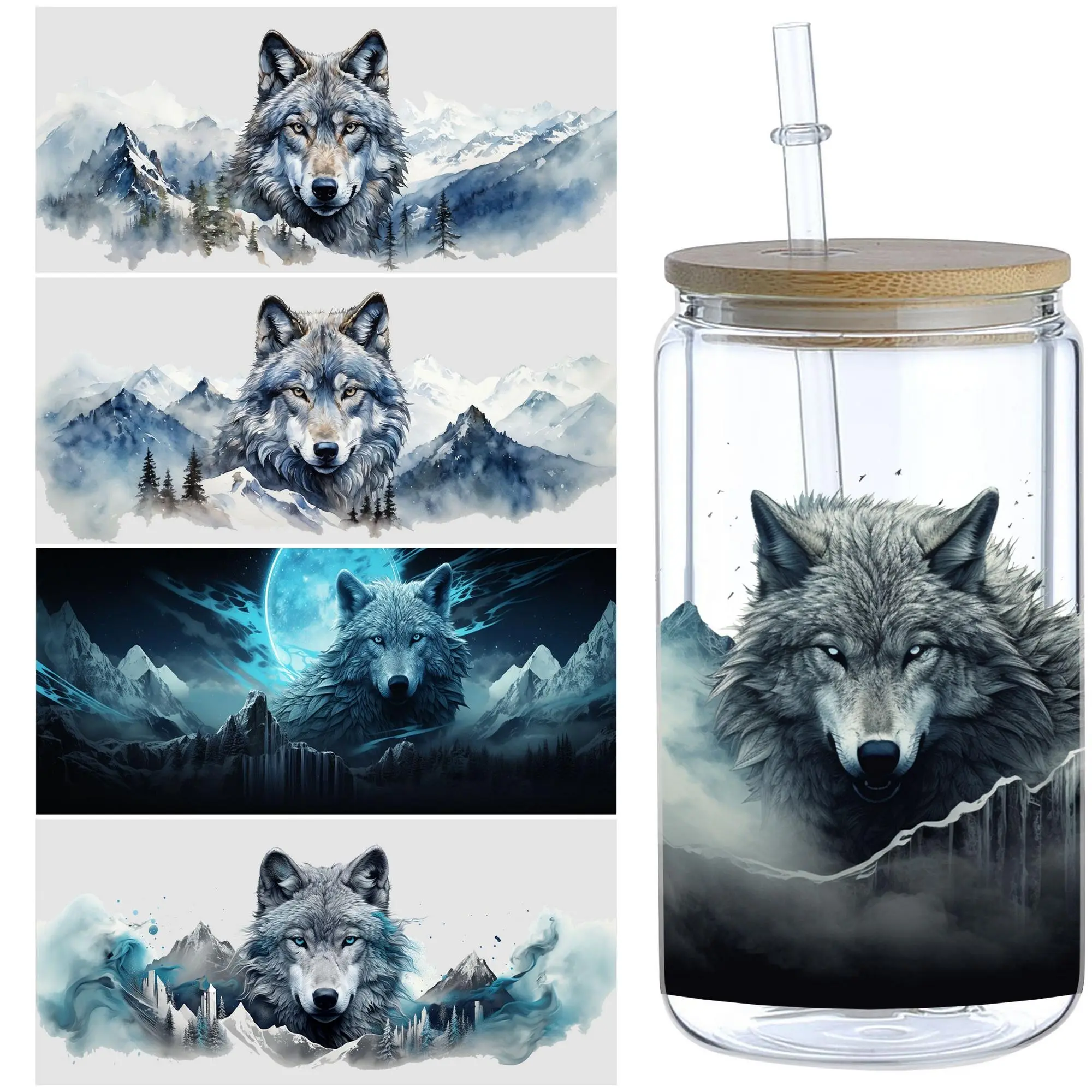Wolf Pattern UV DTF Cup Sticker, 5 Counts/set Waterproof UV DTF Sticker, Decorative Sticker for 16oz Glass Cup, DIY, Furniture, Crafts