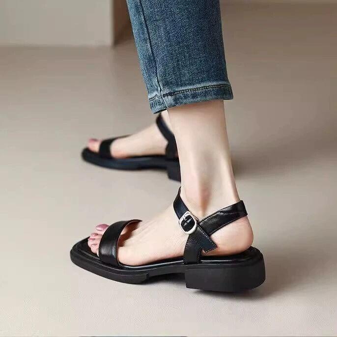 Product Introduction of Soft bottom low heel real leather flat bottom Roman style sandals for Women large size slip-on summer shoes comfortable 3