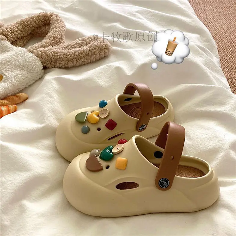 Đá quý tự làm cổ đại, tuyệt đẹp Dép Nữ, Màu Tương Phản Độc Đáo, Đế Dày, Tăng Chiều Cao, Chống Trượt, Bít Mũi, Thích Hợp Cho Mùa Hè DéP GiàY Shoes