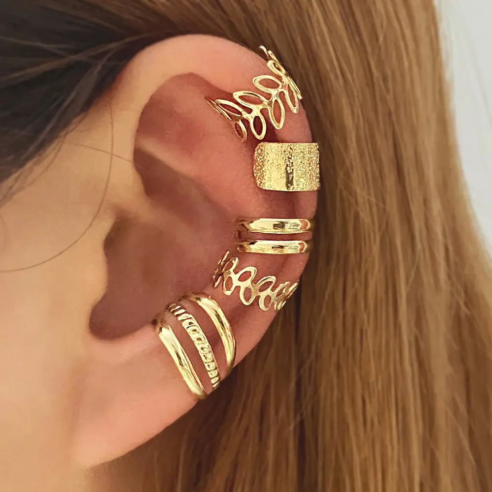 Kẹp Xương Tai Không Xỏ Lỗ, Bộ Năm Món, B309, Bông Tai Nhiều Lớp Rỗng Hình Lá Vàng Cá Tính, Kẹp Tai, Hàng Nhà Máy Còn Hàng