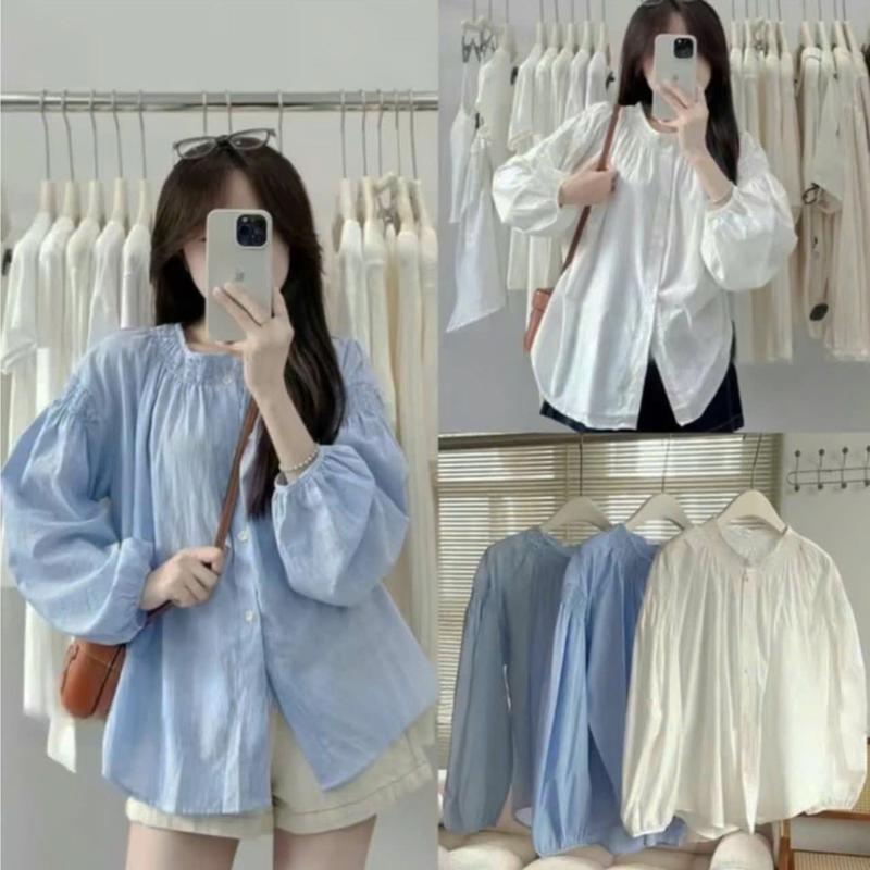 Áo sơ mi kiểu nữ cổ tròn bo chun tay phồng nhẹ nhàng màu pastel xinh xắn Vintagevibes. Women Top Shirt Nhung