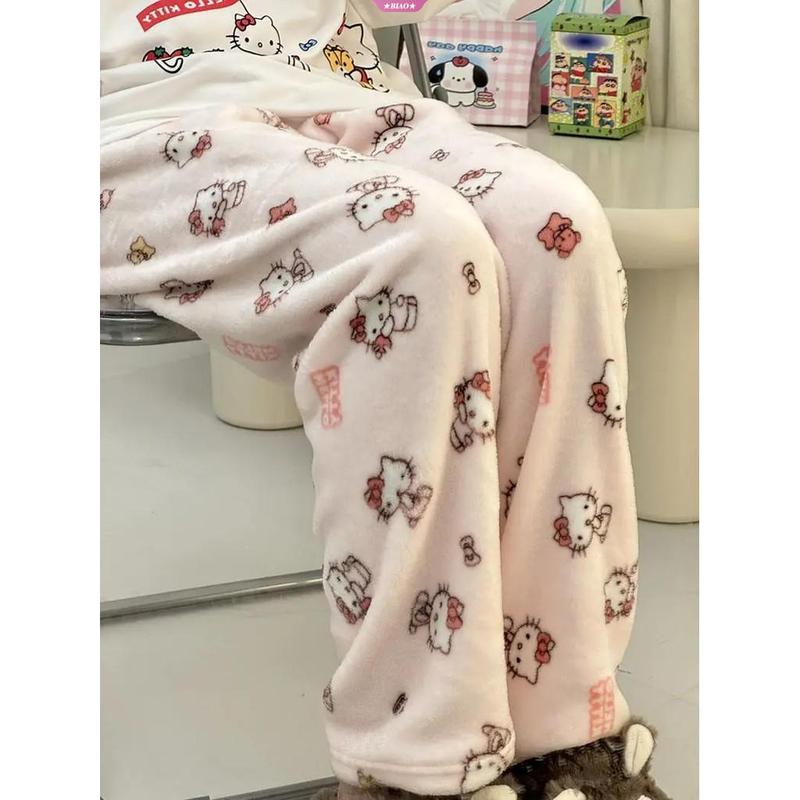 Product Introduction of Cartoon Hello Kitty Flannel Sleep Pants For Ladies In Autumn And Winter New Thick And Velvet Warm And Casual Home Girls Pajamas 1