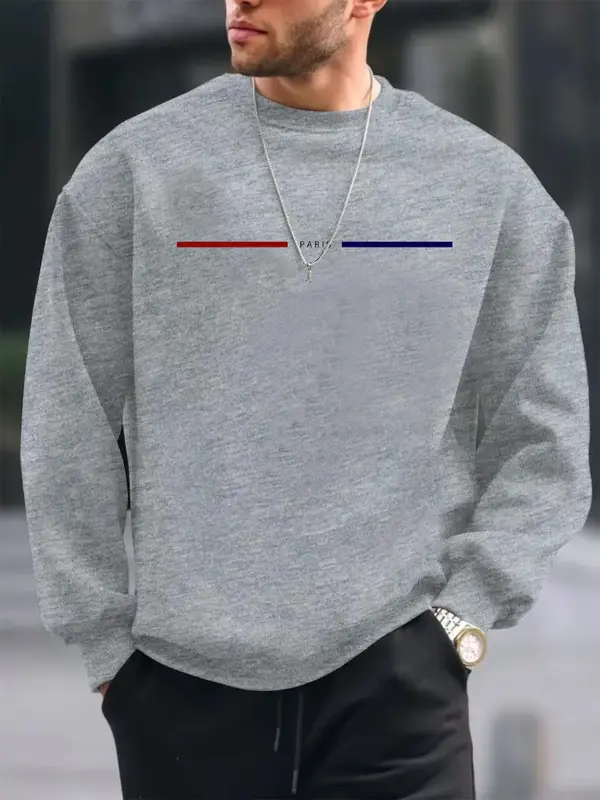 Men's Regular Fit Letter & Striped Print Round Neck Sweatshirt, Casual Long Sleeve Crew Neck Pullover for Daily Wear, Fashion Men's Top for All Seasons 6