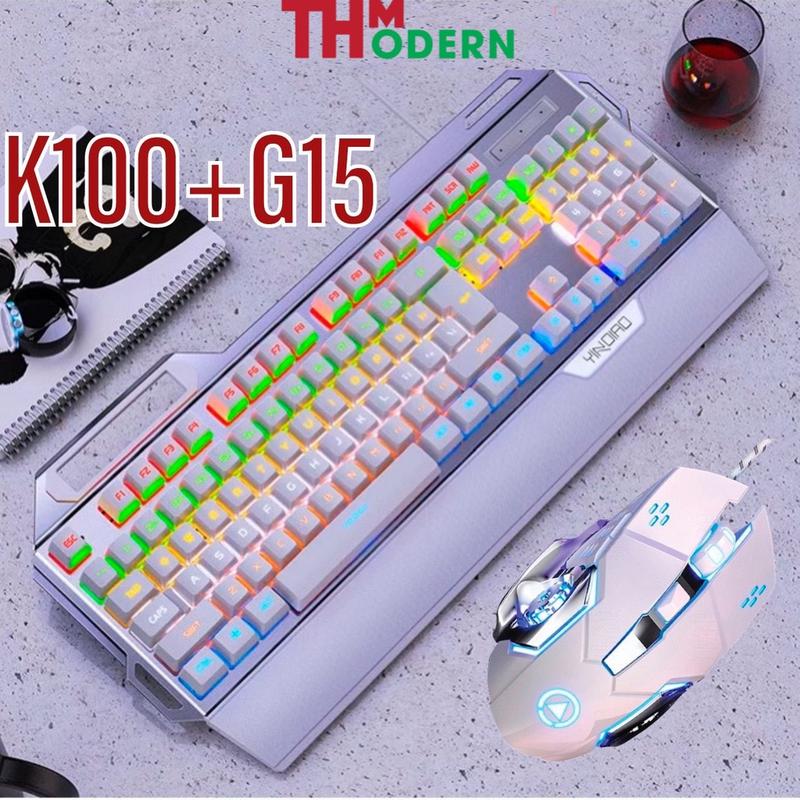 COMBO BÀN PHÍM CƠ GAMING YINOIAO K100 VÀ CHUỘT G15 FUII LED TÍCH HỢP BỆ ĐỠ KÊ TAY CHỐNG MỎI TAY VÀ CHỖ ĐỂ ĐIỆN THOẠI-THMODERN