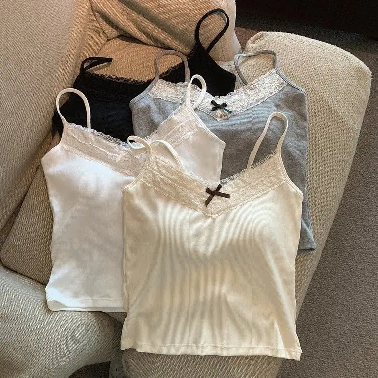 Áo Vest Hai Dây Lưng Đẹp, Thiết Kế Cô Gái Nóng Bỏng Dễ Thương Và Gợi Cảm, Có Đệm Ngực, Thích Hợp Cho Mùa Xuân Và Mùa Hè, Áo Sơ Mi Cơ Sở Viền Ren, Có Thể Mặc Bên Trong Áo, Độc Đáo, Thoải Mái, Nữ Tính, Đẹp