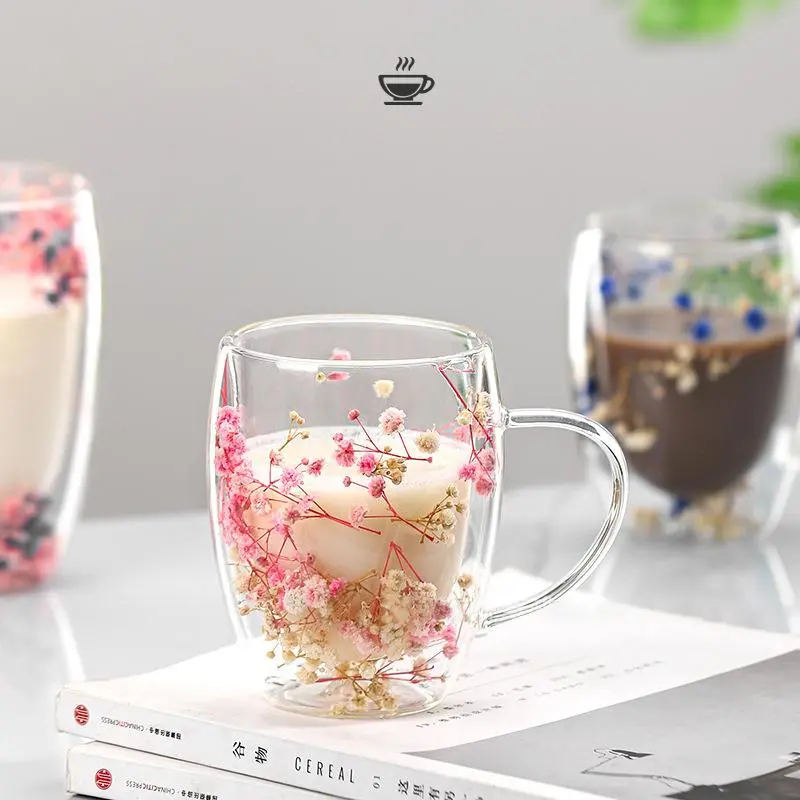 Cốc Thủy Tinh Hai Lớp, Cốc Hoa Khô Cốc Trang Trí, Dung Tích 350ml, Cốc Nhiều Lớp Có Tay Cầm, Cốc Giữ Nhiệt Hoa Khô Thẩm Mỹ, Cốc Uống Nước Cách Nhiệt Sáng Tạo, Thích Hợp Cho Đồ Uống Nước Nóng Và Lạnh, Làm Bằng Thủy Tinh ly  trà  sữa  cực  đẹp