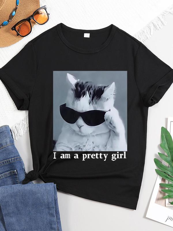 Teen Girl's Cat & Letter Print Drop Shoulder Tee, Casual Short Sleeve Round Neck T-Shirt for Summer, Teen Girl's Top for Daily Wear 0