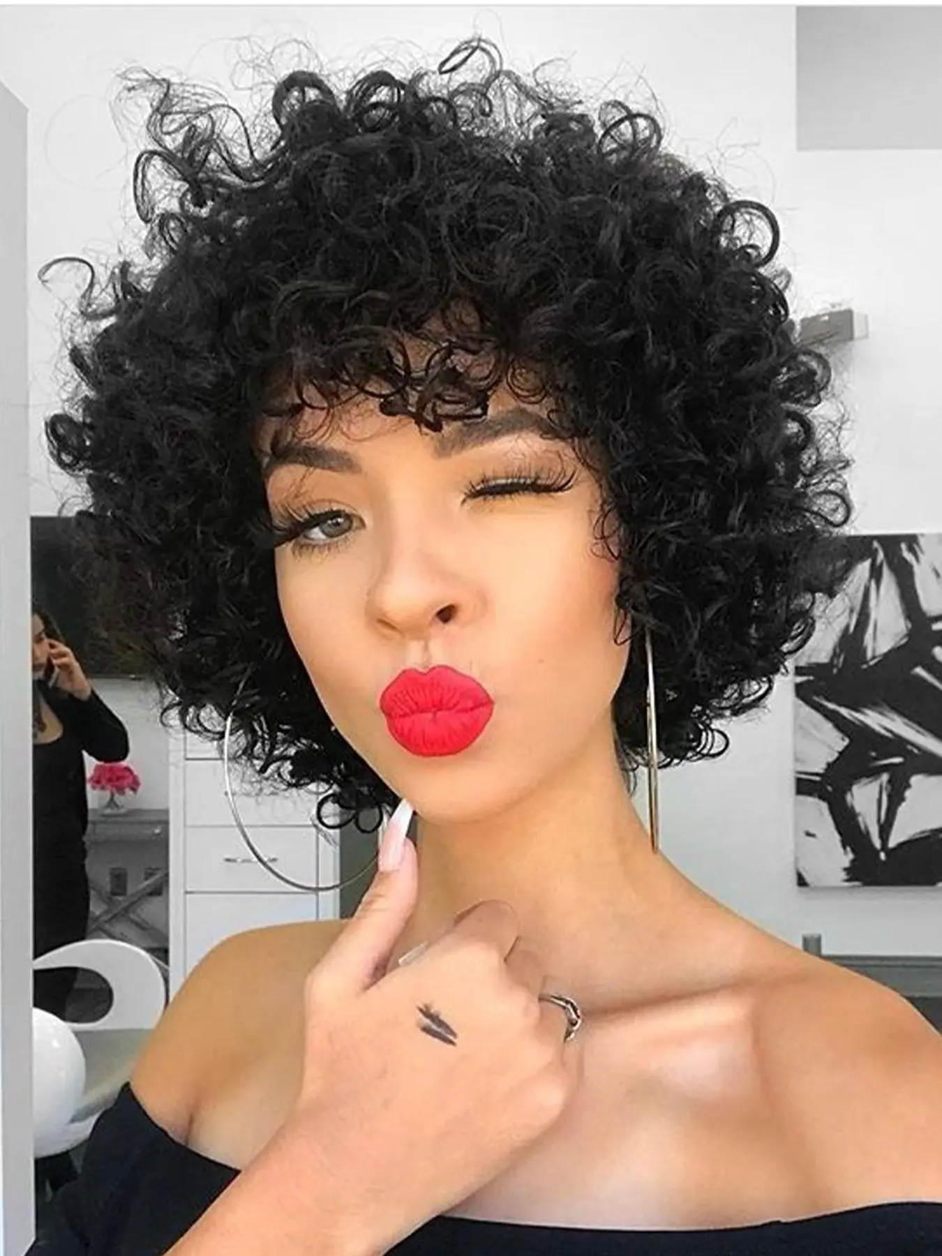 6 Inch Short Curly Bob Wigs with Bangs, Gorgeous Fluffy Wigs for Women, Breathable and Comfortable Glueless Machine Made Short Pixie Cut Wigs for Women, Human Hair