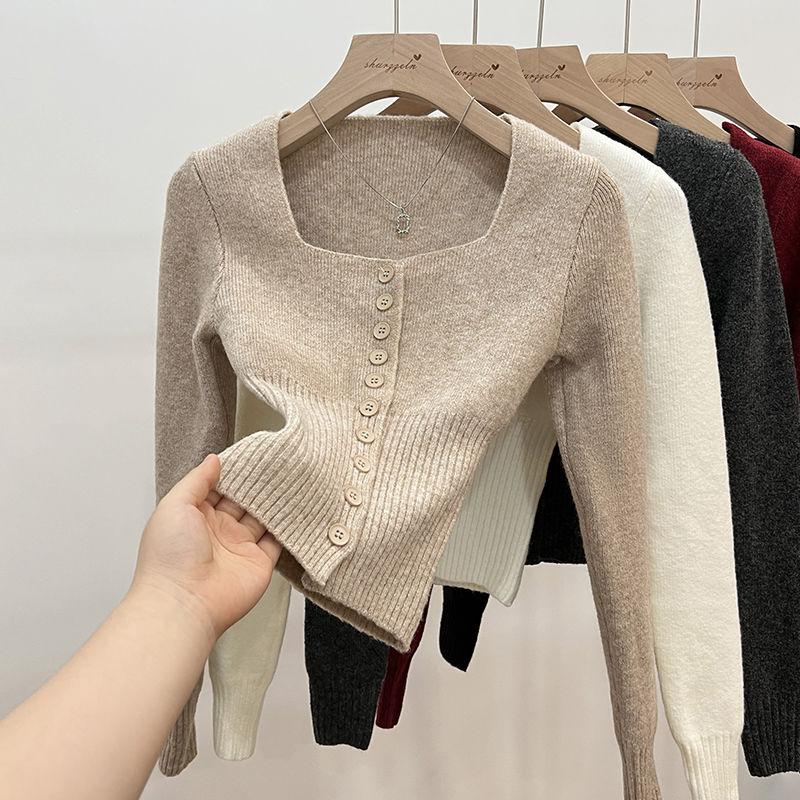 Áo Len Đỏ, Dệt Kim, Dài Tay, Dành Cho Nữ, Mùa Thu Và Mùa Đông, Thiết Kế Đẹp, Cổ Áo Vuông, Áo Cardigan Dệt Kim, Có Thể Mặc Bên Trong, Áo Cơ Sở Kiểm Soát Eo, Chủ Đề Giáng Sinh Và Năm Mới 2
