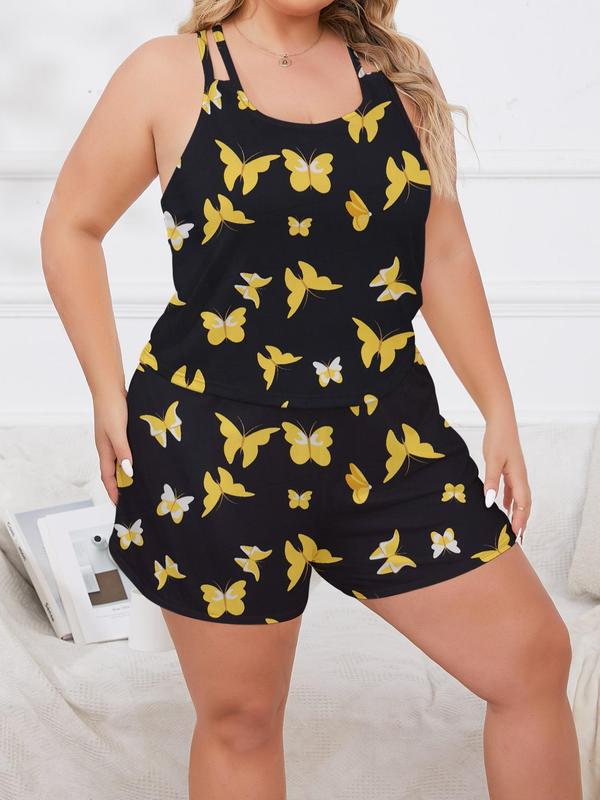 Plus Size Two-Piece Set Butterfly/Tie Dye Print Cami Top & Elastic Waist Shorts Pyjama Set, Casual Scoop Neck Sleeveless Top & Shorts Loungewear Set, Women's Sleepwear for All Seasons 4