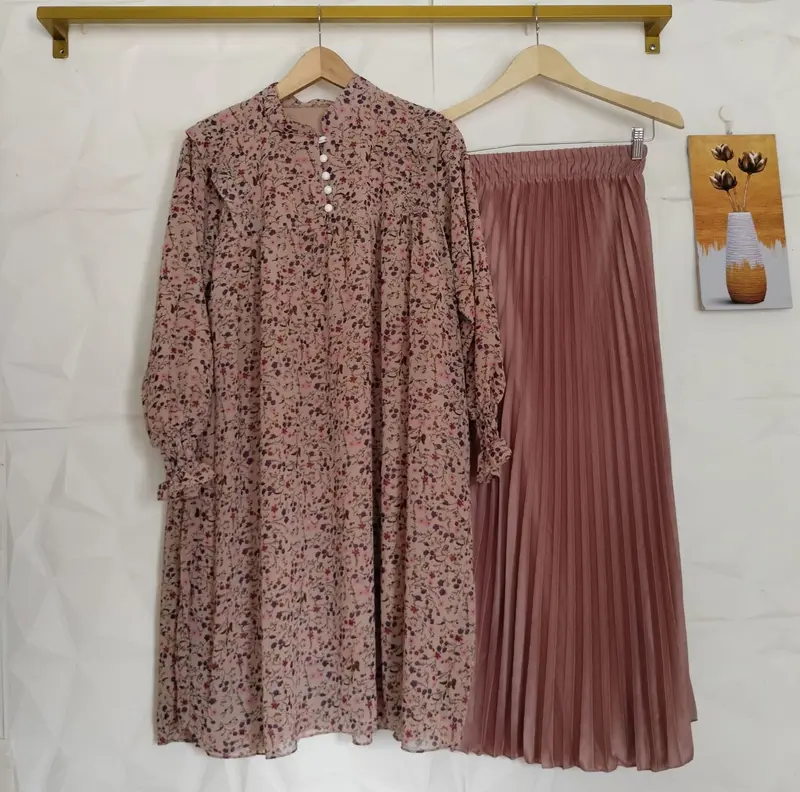 GAMIS SETROK OHAYA SATU SET MIDI DRESS DAN ROK PLISKET KLOK AMITHA SORA 3