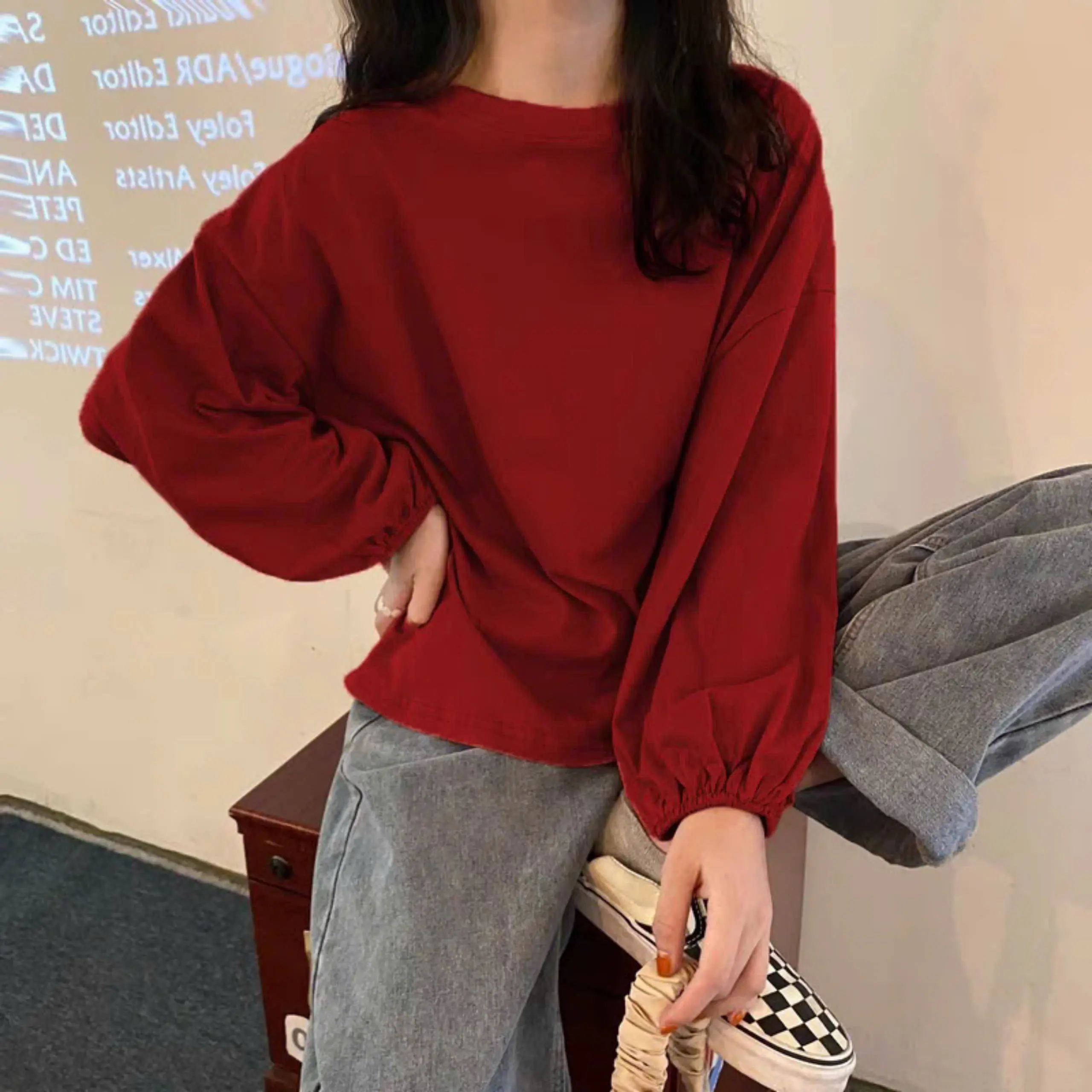 ÁO THUN TAY DÀI NỮ PHONG CÁCH UZZANG DỄ THƯƠNG FREESIZE 70 KG TD240901 Women Top Cổ Tròn Nhung Voan