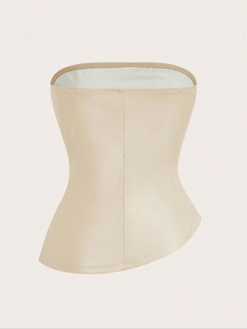 Product Introduction of Women's Solid Color PU Leather Tube Top, Fashionable Asymmetrical Hem Top for Daily Outdoor Wear, Ladies Clothes for Summer 8