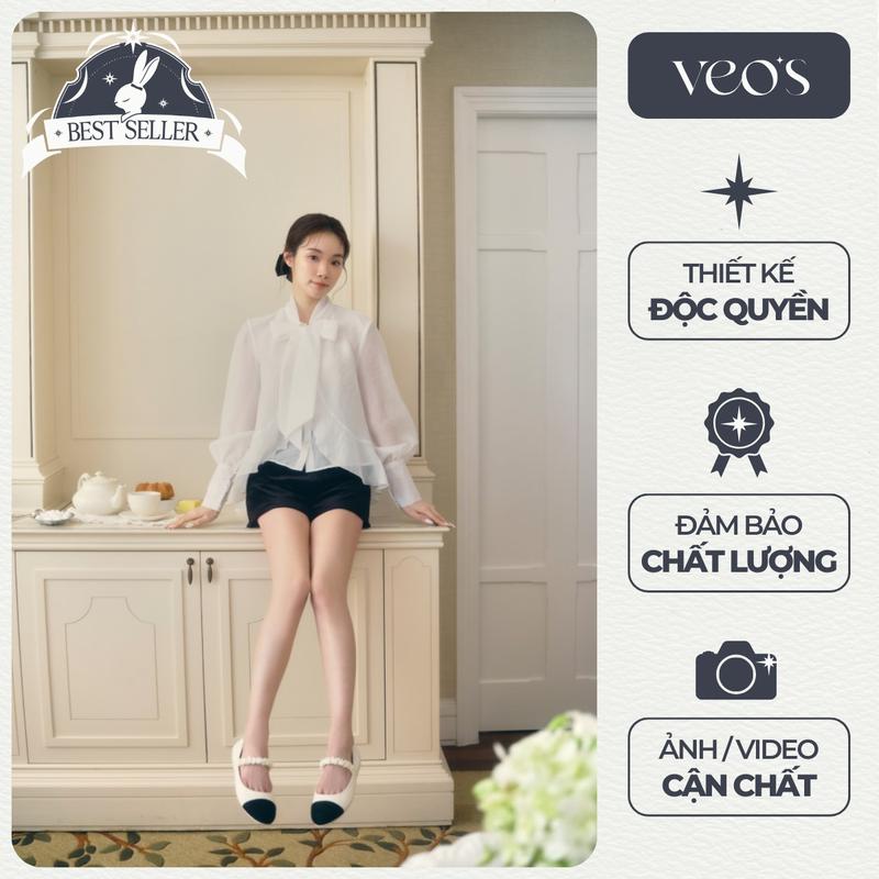 Creamy Shirt - Áo Sơ Mi Thiết Kế Kiểu Nữ Tay Bổng Cổ Cách Điệu Nơ Chất Liệu Tơ Thanh Lịch, Tiểu Thư Veo's Đi Làm, Đi Chơi
