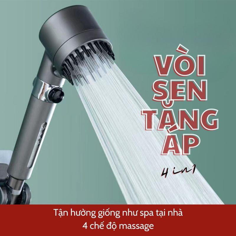 Vòi Sen Tăng Áp - Đầu Vòi Hoa Sen Mát Xa- 4 Trong 1 - 3 Chế Độ Áp Suất Cao Tiết Kiệm Nước - Lõi Cotton Lọc Cho Nhà Tắm