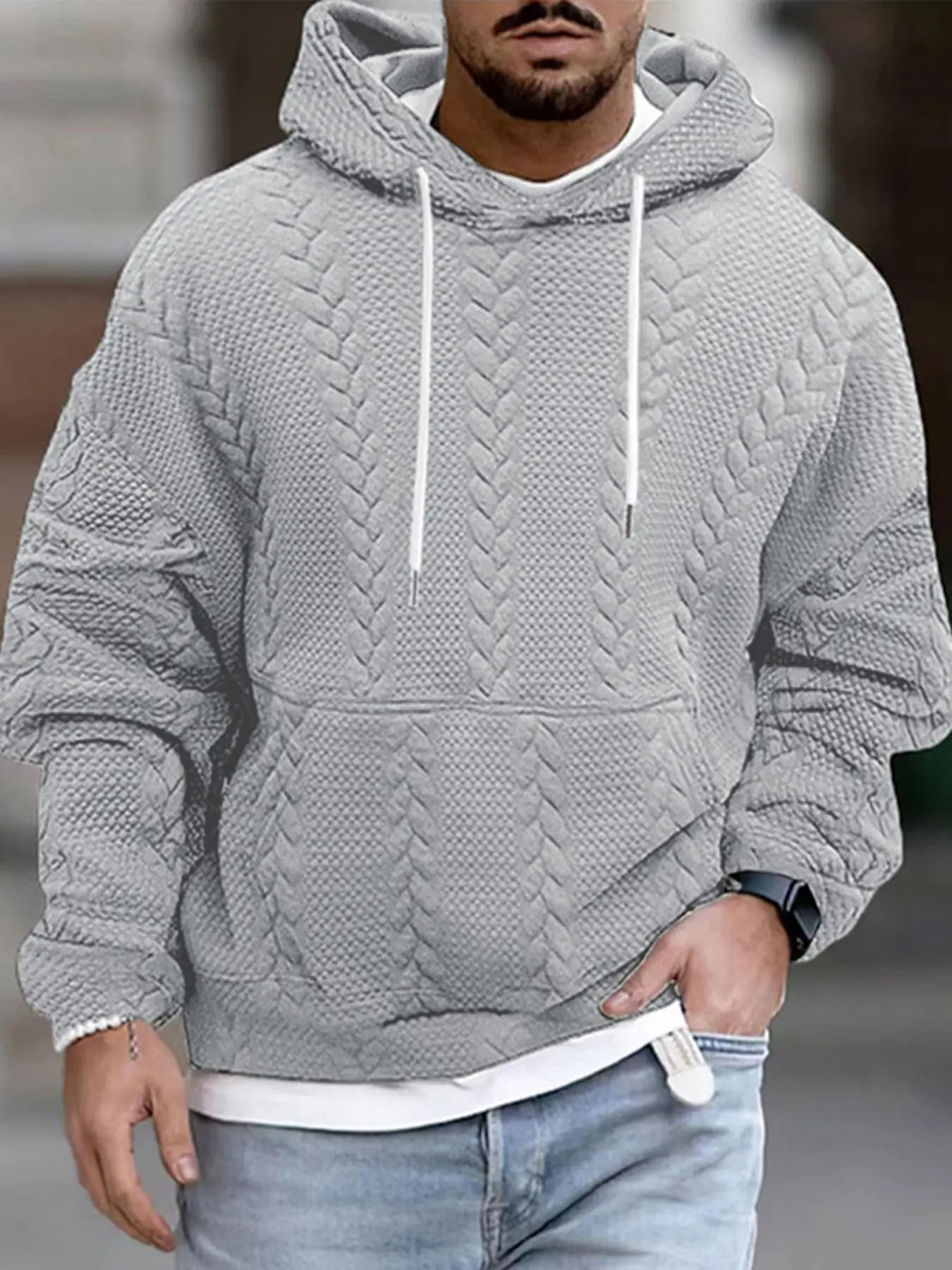 Men's Solid Textured Drawstring Hoodie, Casual Cozy Loose Drop Shoulder Long Sleeve Hooded Sweatshirt for Fall & Winter, Hoodies for Men, Men's Clothes for Daily Wear, Streetwear