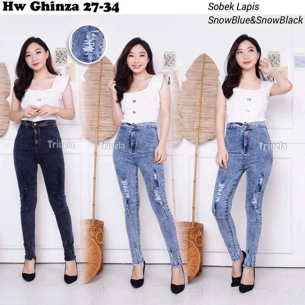 TIFIITY - Highwaist Jeans Sobek Lapis Ghinza / Hw Jeans Ripped Ginza Stretch / Celana Pensil Wanita Sobek Snow