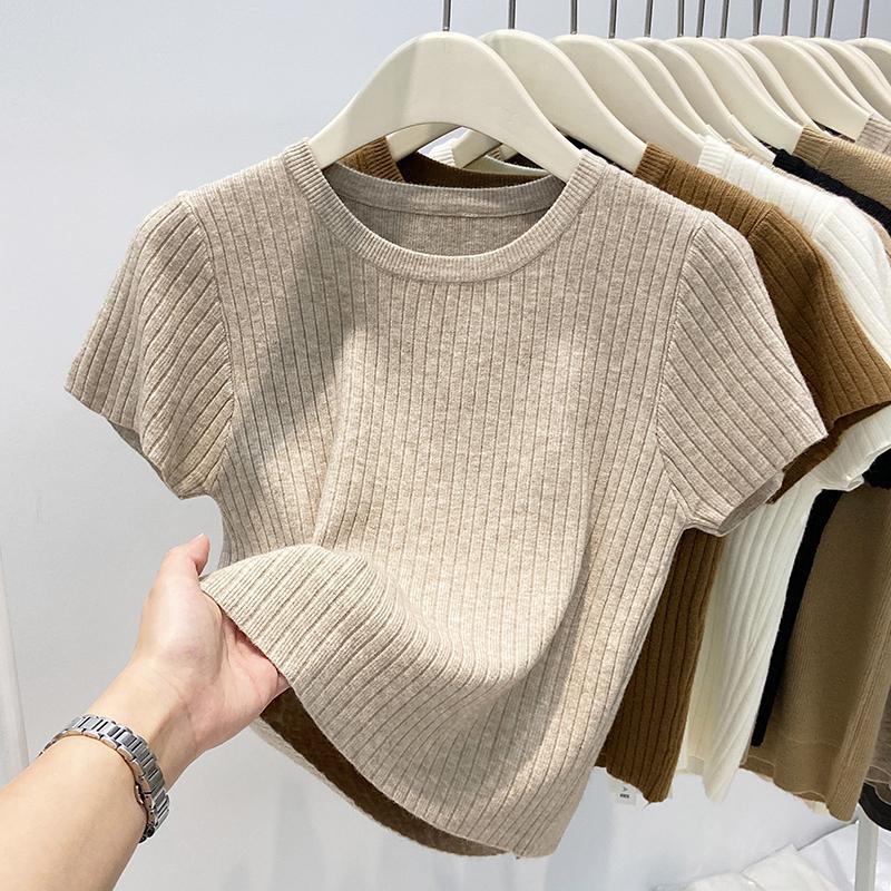 Áo Dệt Kim, Cổ Tròn, Sọc Rộng, ngắn Tay Áo, Áo Thun Nữ, Dáng Ôm, Áo Len Ngắn Thanh Lịch, Hàng Mới Về Mùa Thu 2025, Dành Cho Nữ 0