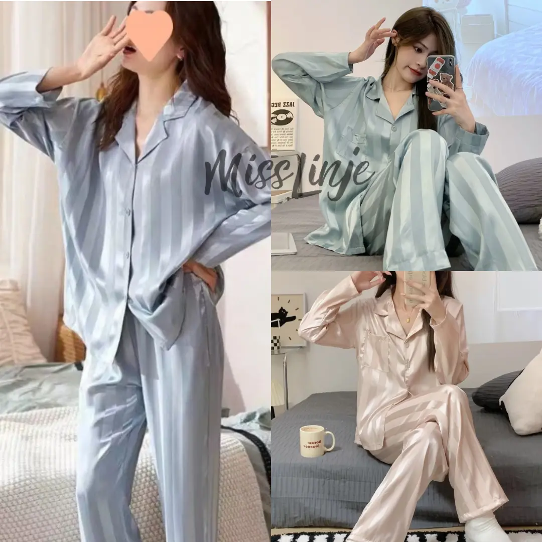 Baju Tidur Piyama Satin Motif Garis Import Lengan Panjang Celana Panjang Full Kancing Busui Lembut  Ready Makassar