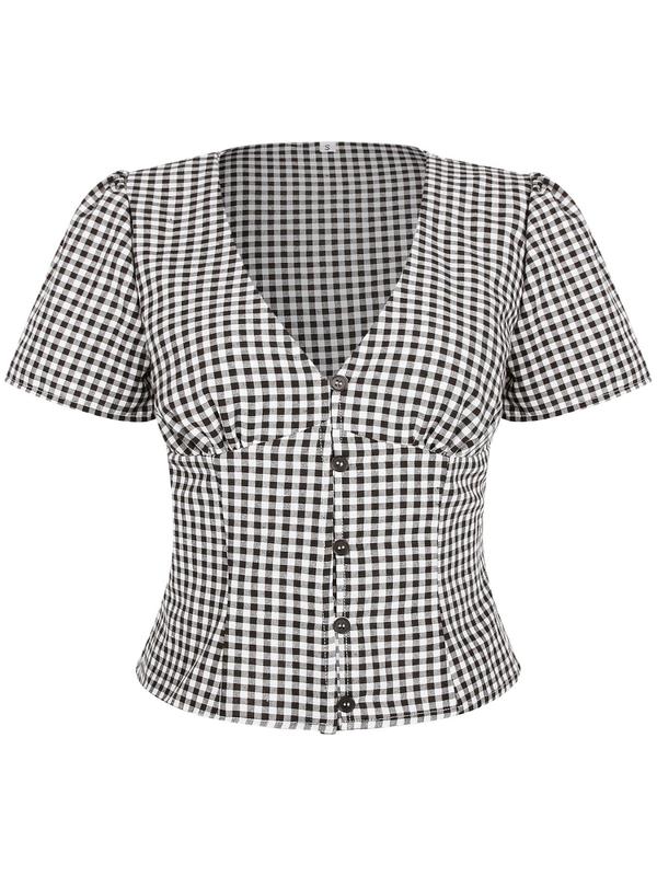 Women's Plaid Print V Neck Blouse, Casual Short Sleeve Top for Summer, Ladies Clothes for Daily Wear 2