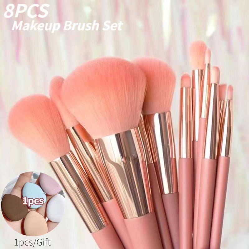8 cái/bộ + bông phấn Bộ cọ trang điểm kiểu Việt Nam kèm túi đựng và bông quà tặng, lông mềm, bao gồm cọ đánh phấn mắt, cọ má hồng, kẻ mắt, mi, son môi, dụng cụ tạo kiểu trang điểm đẹp+gift