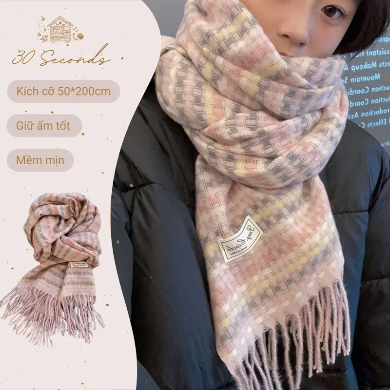 Khăn quàng cổ Len Cashmere Ấm Áp Phong Cách Hàn Quốc Mềm Mịn Thu Đông HỒNG ĐẬM CB 0