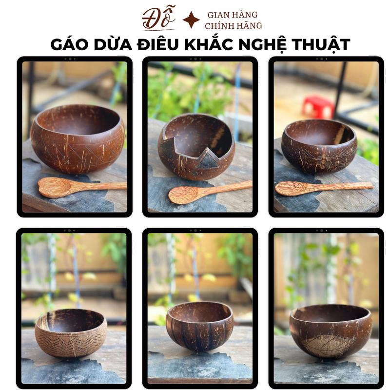 ￼Chén/ Bát Gáo dừa điêu khắc nghệ thuật trộn  đắp mặt nạ, đựng kem, ăn cơm granola, dùng trong decor bát  trộn bột tắm