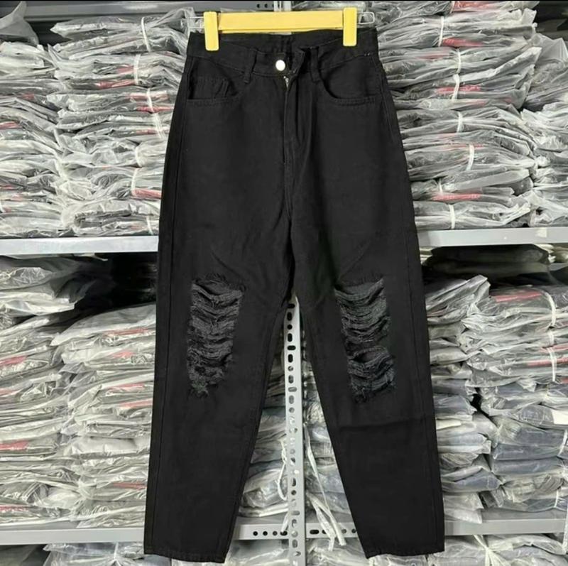 Quần Jeans Nữ Baggy Bigsize 55-90kg Màu Đen Rách 4100 Cạp Cao Không Co Giãn Dài 95cm Pants Women