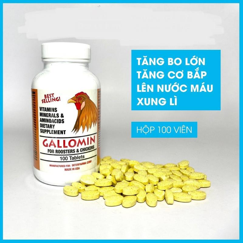 Gallomin nuôi chế độ giúp nở khung cho gà, lên nước nhanh Thuốc nuôi gà đá tăng bo Gallomin, 50-100 viên, nhập khẩu Mỹ chính hãng + thuốc gà, thuốc gà đá, thuốc cho gà đá, thuốc tăng bo gà đá