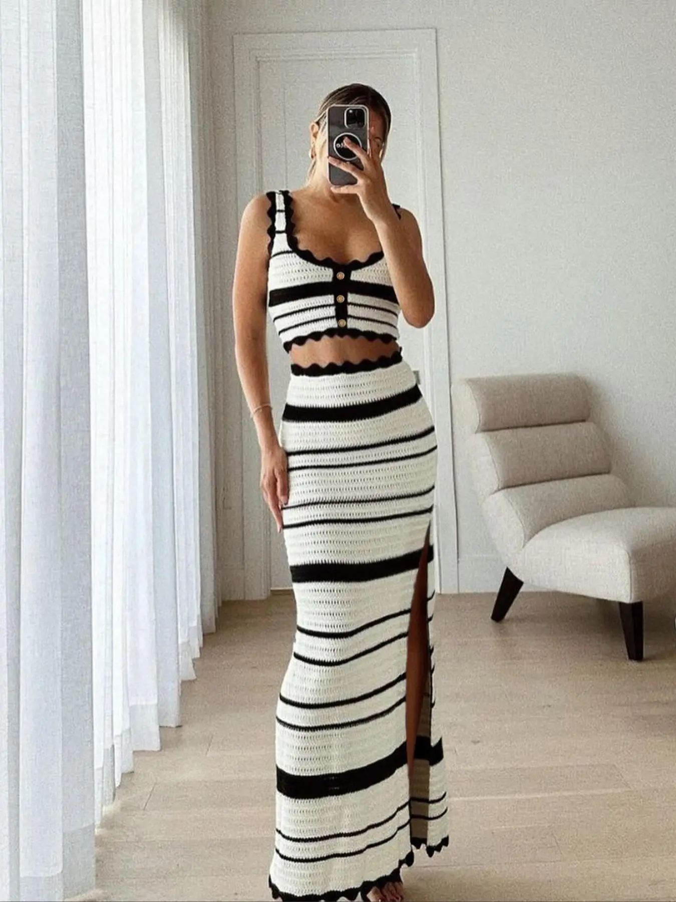 Two-Piece Set Women's Striped Print Crop Knit Top & Skirt, Elegant Fashion Casual Hollow Out Knit Top & Skirt for Daily Outdoor Wear, Women's Knitwear for Summer, Clothes