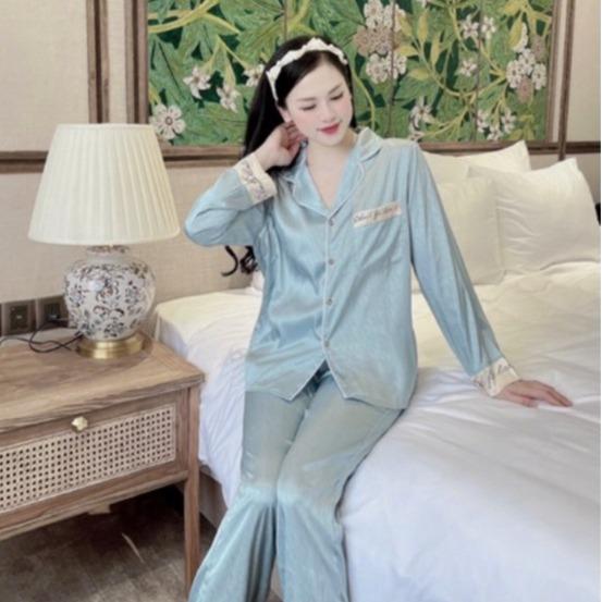 (Có big size)Bộ Ngủ Lụa Dài Tay Quần Dài Viền Chữ Ký  Hot Trend, Thiết Kế Form đẹp. Nữ Voi