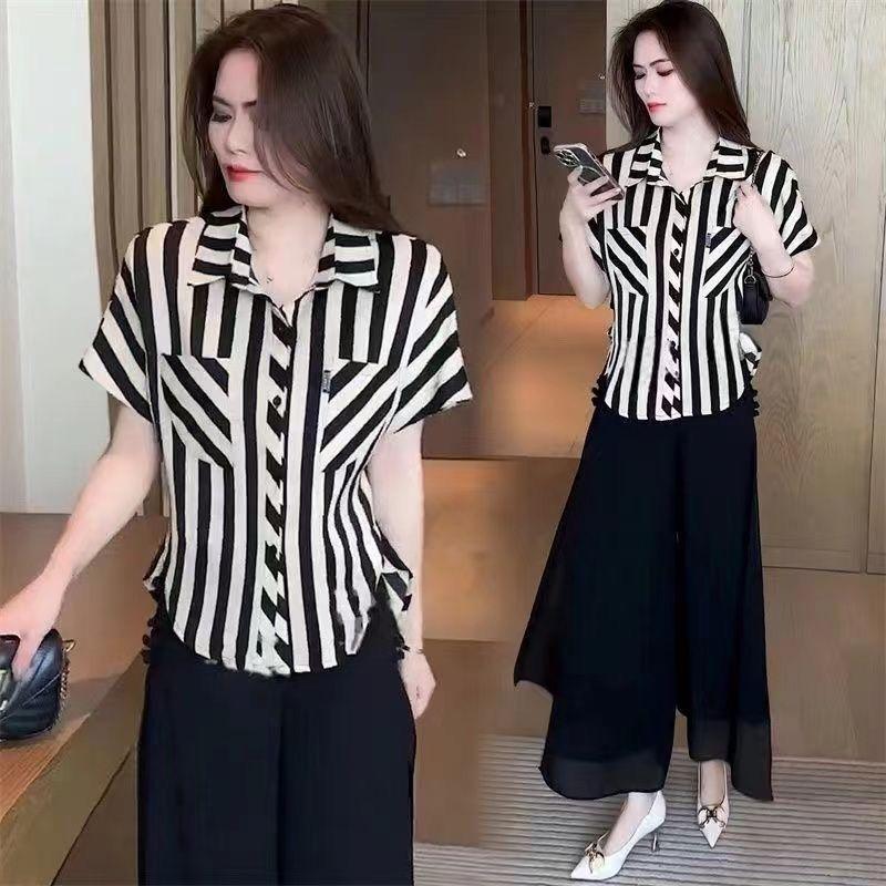 Áo Sơ Mi ngắn Tay Sọc, Hợp Xu hướng, Dành Cho Phụ Nữ, Thời Trang Mới Mùa Hè, Phong Cách Mẹ, Áo Bó Sát Áo Mặc Bên Ngoài Sành Điệu, Áo Cánh ống loại thẳng đóng cúc áo cánh & áo sơ mi kute đính charm áo cánh & áo sơ mi uniq  lovietnam Quần Bò Jeans giặt bằng 3