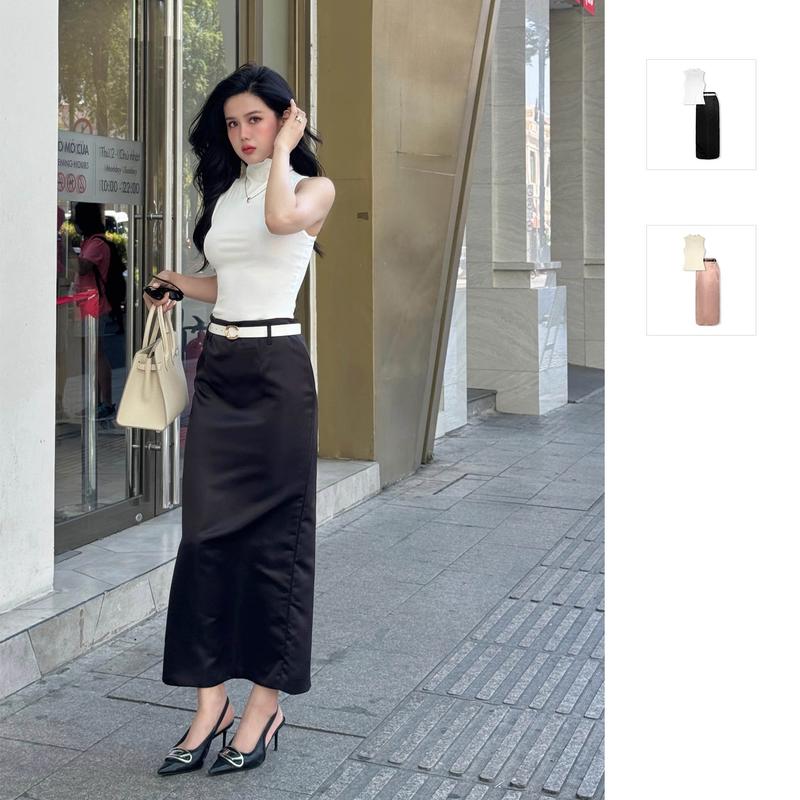 Set Nữ Áo Tank Top Long Skirt Belted Chất Vải Áo Vải Thun Tăm Chân Váy Vải Phi Tafta WSB101,SOMEHOW Women