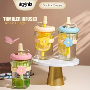 ANGOLA Botol Minum Kaca Motif Bunga W01 Bottle Glass Flower/Tumbler Infused Water/Botol Minum Dengan Sedotan