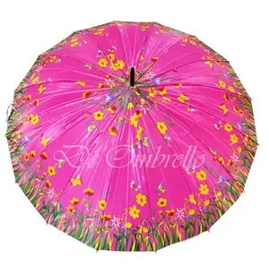 (062)Payung 16 Jari Bahan Saten Motif Kembang Campur Handle Emas Premium Quality Umbrella