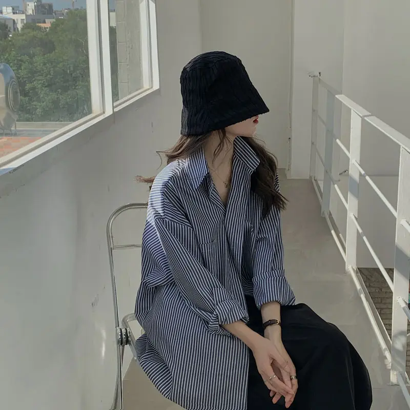Áo sơ mi dài tay rộng rãi một nút dành cho phụ nữ, áo sơ mi Xanh Biển quá khổ, áo cánh dài tay
