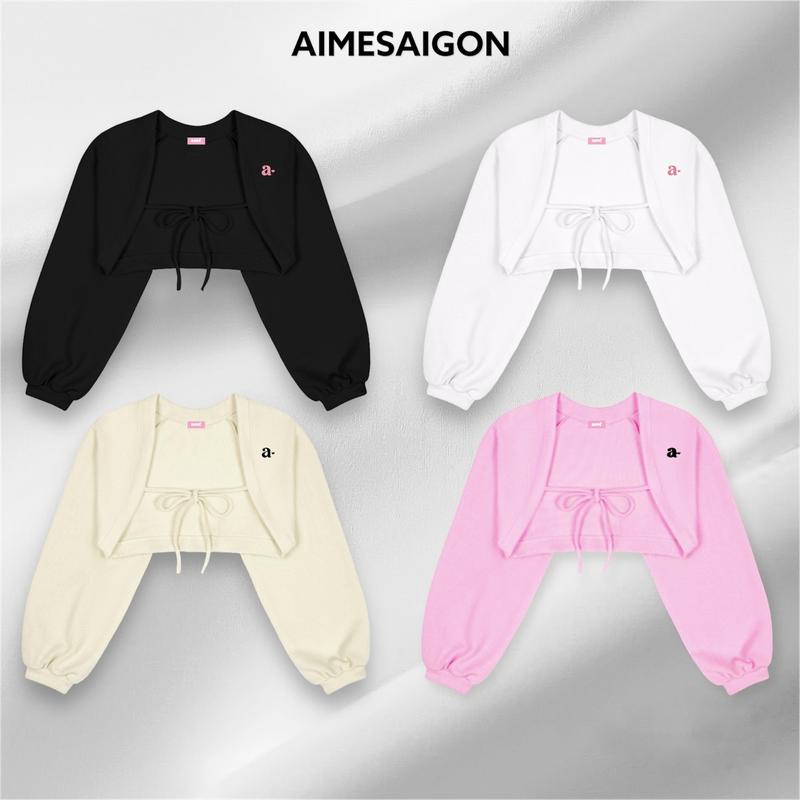 Áo Khoác Cardigan Nữ Có Dây Buộc Chất Thun Gân AIMESAIGON Jacket Top Women Kem   Cotton