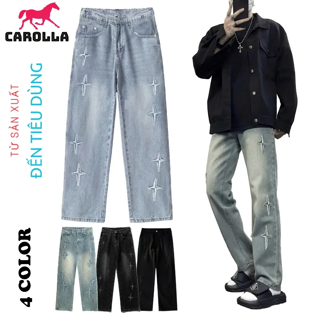 Quần Jean Nam thêu 8 sao may mắn Suông Ống  Rộng - Jean Coton Mềm Mịn - Jean Baggy - Jean Hàn Quốc Menswear Pants Ong Có Túi