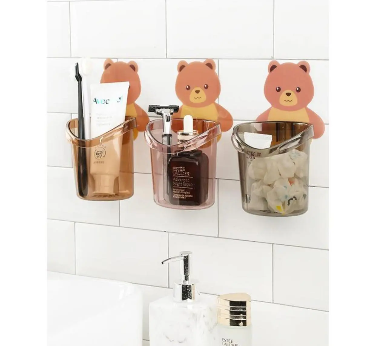[VG AMAZING] Cute Cartoon Bear Toothbrush Cup Holder Wall-Mounted Toothbrush Cup Holder