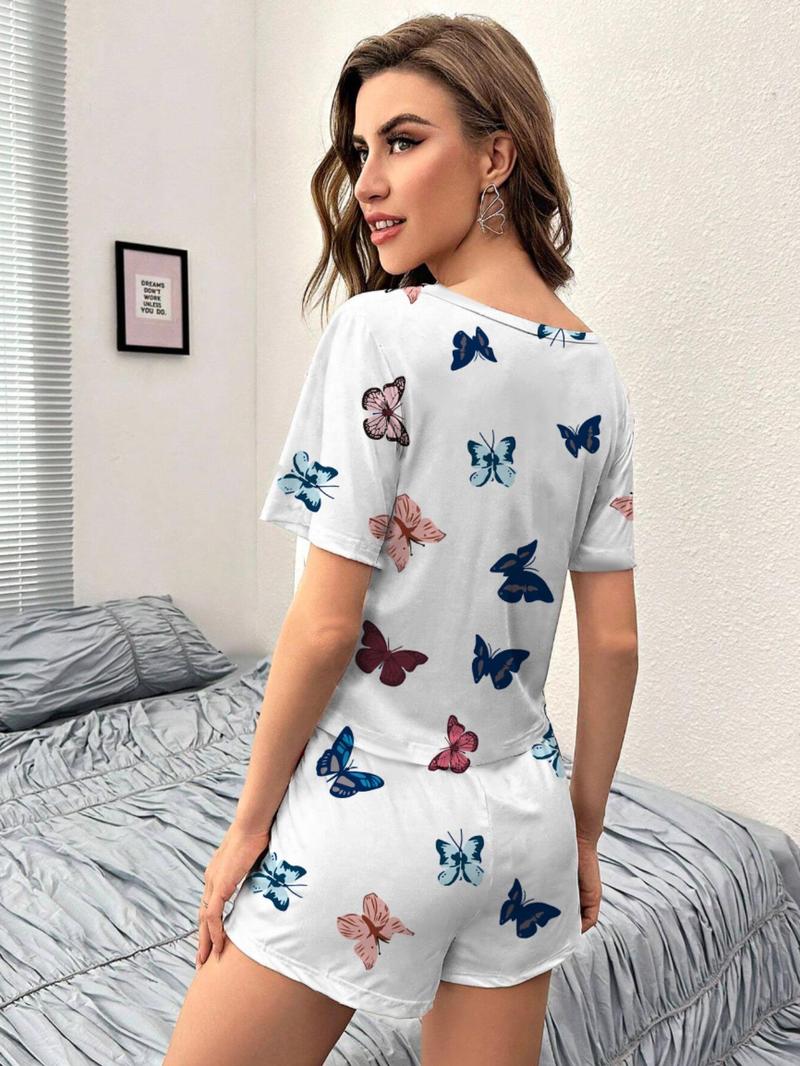 Product Introduction of Women's All Over Print Tee & Shorts Pyjama Two-piece Set, Casual Comfy Round Neck Short Sleeve T-shirt & Shorts PJ Set, Ladies Sleepwear for All Seasons 6