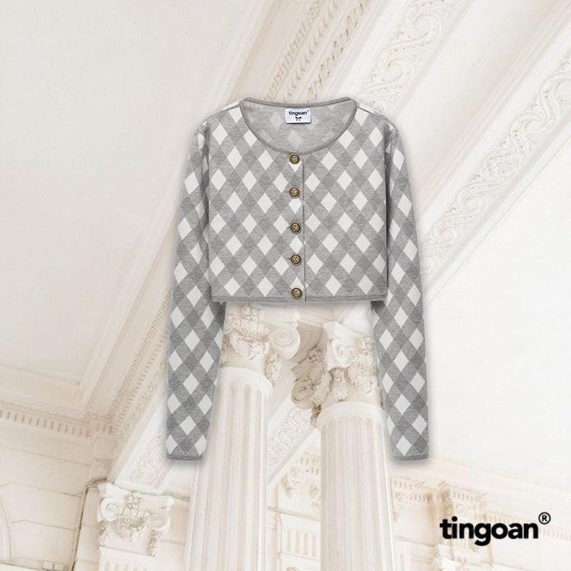 TINGOAN  - Áo cardigan set len xù crop kẻ quả trám có quây xám tingoan LOVE YOU BACK CARDIGAN/GR PHIÊN BẢN MỚI t6.2024