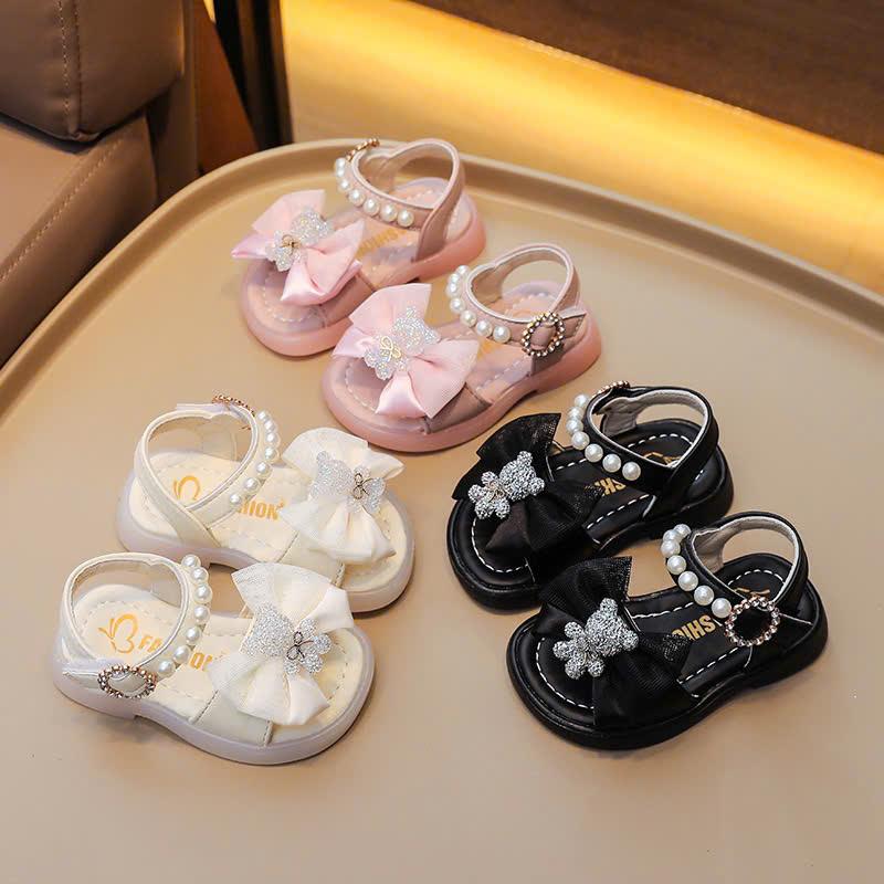 Sandal Cho Bé Dép Quai Hậu Đính Nơ Gấu Kèm Quai Ngọc Xinh Xắn Phong Cách Thời Trang Cho Bé Gái LX-011 Kem Dép Sandal