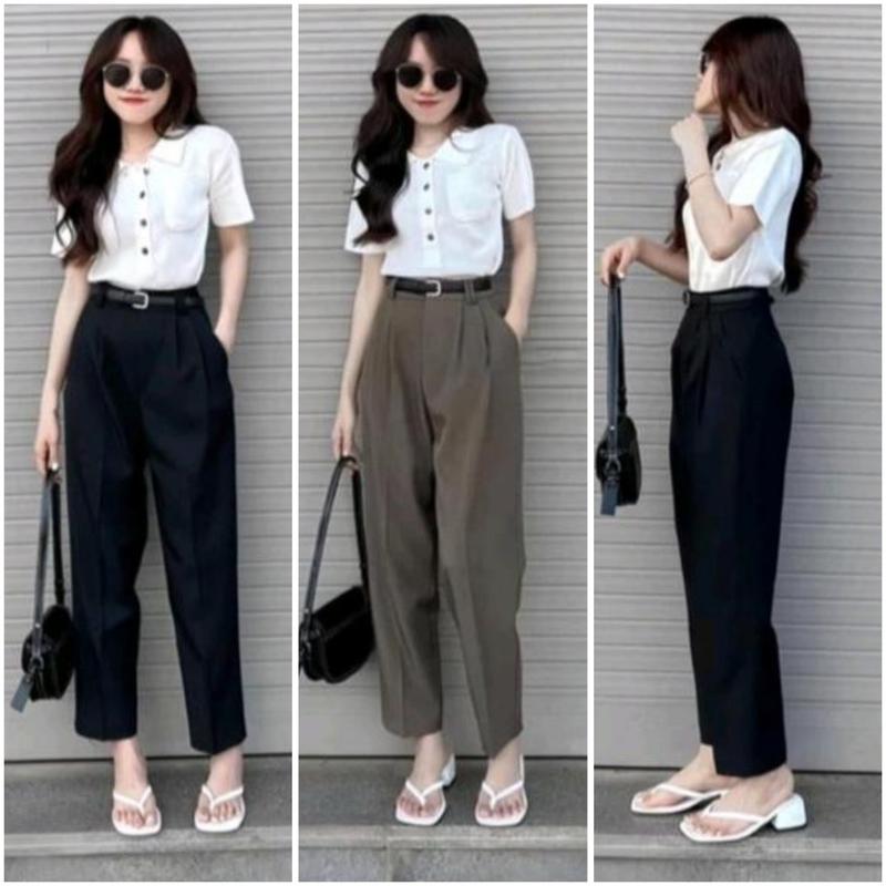 Quần tây đi học làm công sở nữ lưng cao ống đứng dáng dài - Quần baggy vải cạp cao màu đen dày dặn Ong Pants