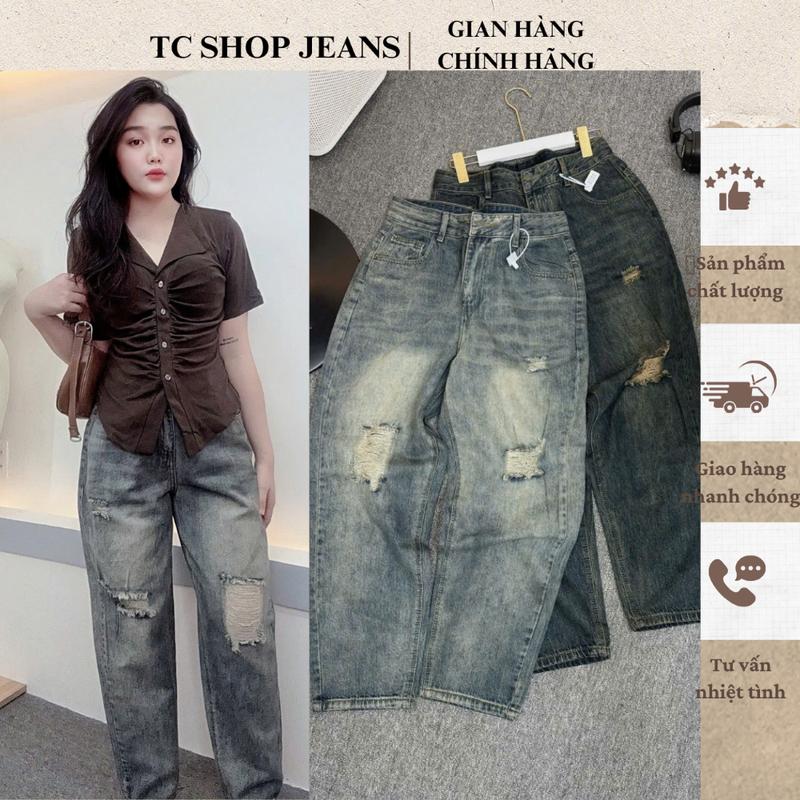TCSHOPJEAN Quần Baggy Rách Gối Xước QC Cá Tính Bigsize 55kg - 90kg Màu Bụi Và Rêu Mới 5015 quan jeansuong
