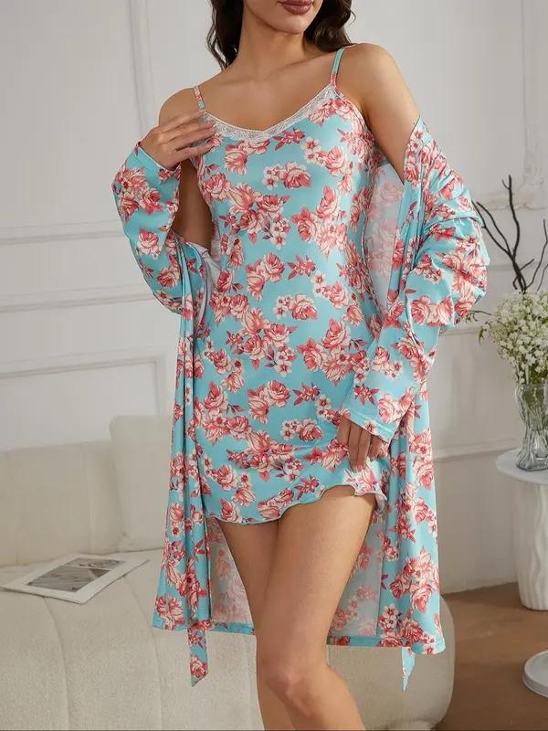 Women's All Over Floral Print Belted Long Sleeve Robe & Lace Trim V Neck Cami Nightdress Two-Piece Set, Casual Comfy Loungewear Set for Women, Women's Sleepwear for All Seasons 2