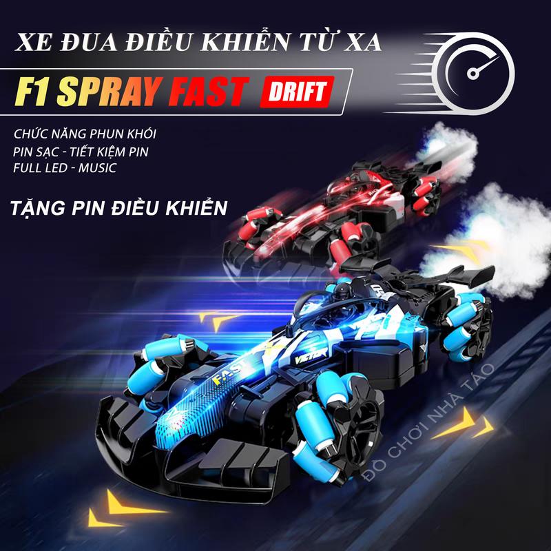 Xe đua F1 xả khói Spray Drift điều khiển từ xa, pin sạc, dẫn động 4 motor, lốp xoắn, đèn led cho bé. Đồ Chơi oto điều khiển từ xa Toy